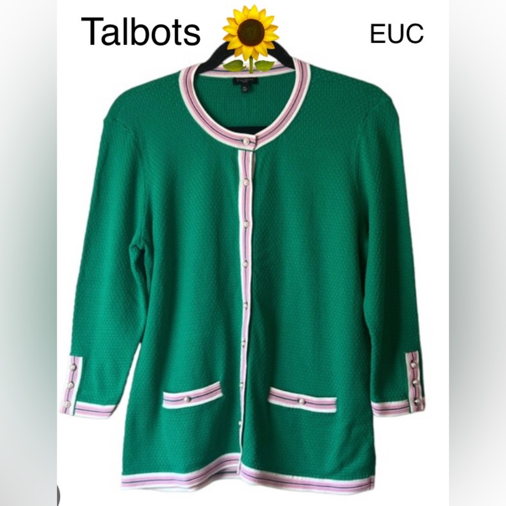 Talbots Green Pearl Buttoned Cardigan White/Pink/Green Trim Size Large